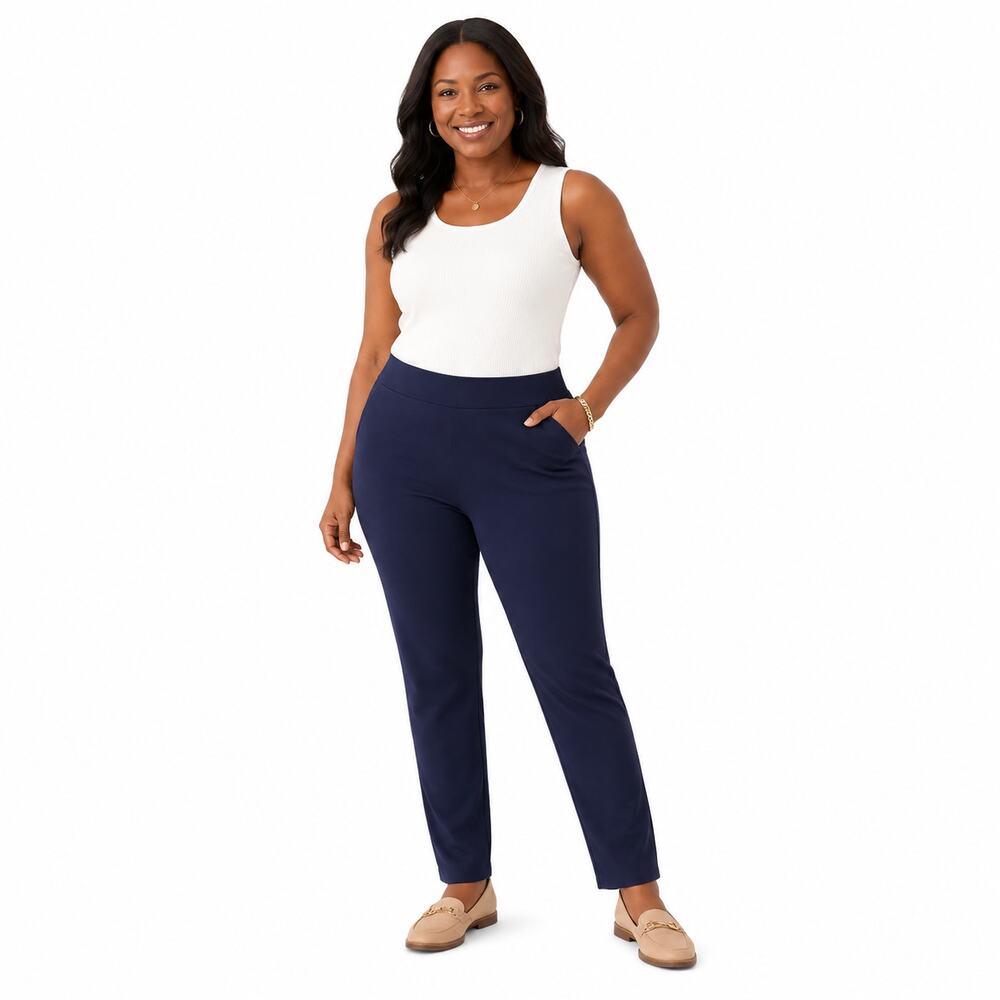 Susan Graver Women’s Large Navy Blue Ponte Knit Pull On Slim Pants Career Casual